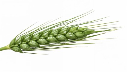 Fresh green wheat ear with dewdrops on kernels isolated on white background for agriculture and nature concepts