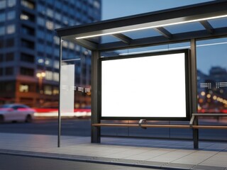 Fototapeta premium Modern bus stop with blank advertisement board in cityscape