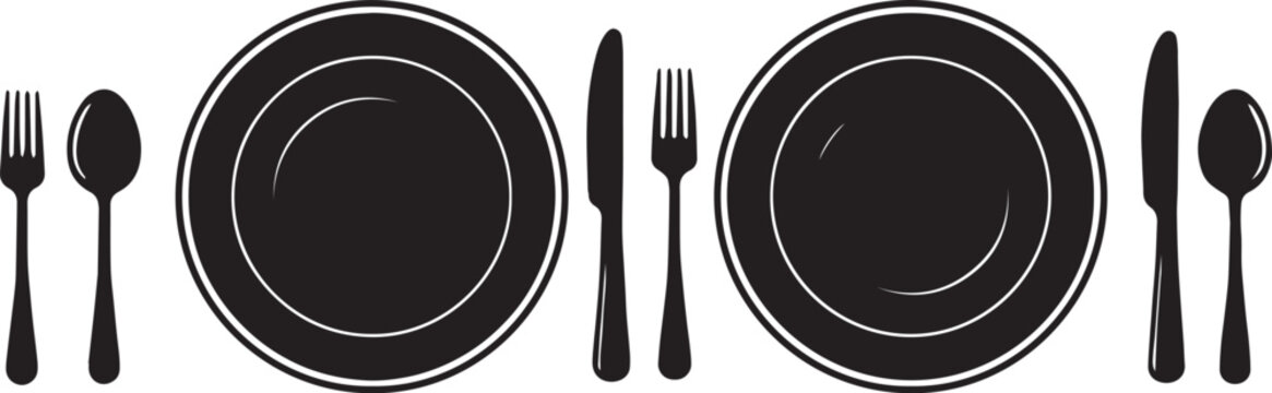 Black silhouette of two dinner plates with forks spoons and knives on a white background