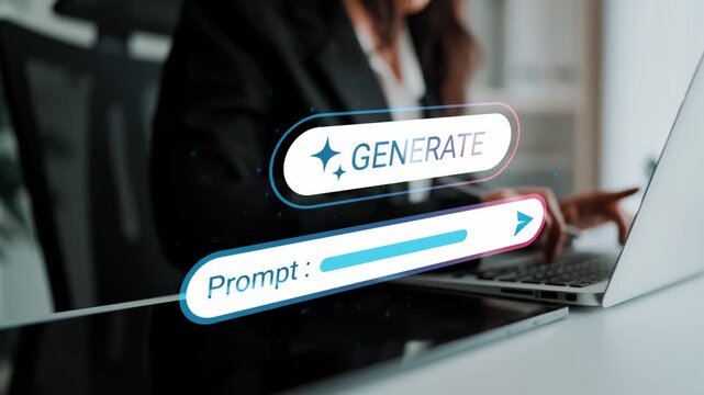 Business professional interacting with a digital interface, focused on text generation and data input for innovative solutions and creative projects Gluon.