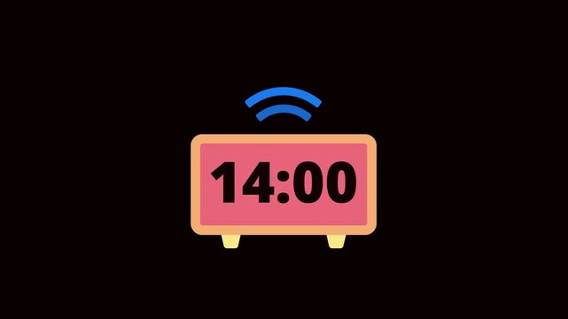 Digital Alarm Clock 14:00 Time Reminder Animation On Black Background. 14:00 AM PM Alarm Clock Flat Motion Graphic. Clock Alarm Notification Minimal Animation