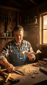 Man whittling antler in rustic workshop. Craftsman carving a deer shed antler. Creative hobby and traditional handiwork concept. Vertical video