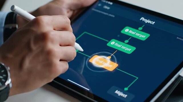 Man uses digital pen on tablet to edit project flowchart, showing progression from initial to final target step for business planning