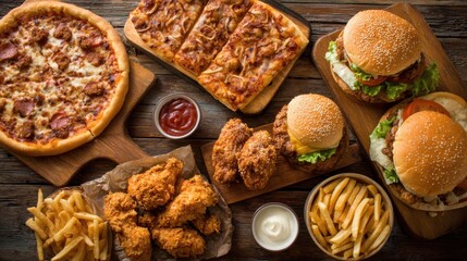 Fototapeta premium Delicious spread of fast food with pizza, fried chicken, burgers, fries, and sauces.