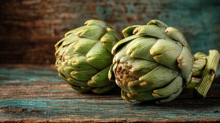 Obraz premium Fresh green artichokes on rustic wooden background.