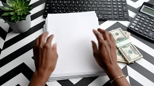 Hands holding blank paper with keyboard and money on modern desk