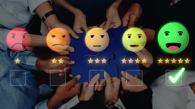 A diverse group hands join together holding puzzle pieces, symbolizing teamwork and collaboration. Emoticons illustrate various feelings, emphasizing feedback and engagement. Raster