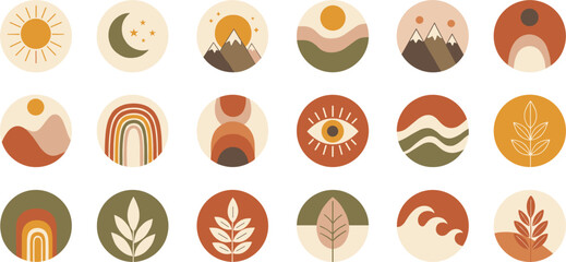 Boho Abstract Nature Icon Set with Sun Moon Mountains Rainbow Leaves and Earthy Tones Vector Illustration