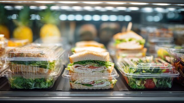 Fresh prepackaged sandwiches and salads displayed in refrigerated glass case.