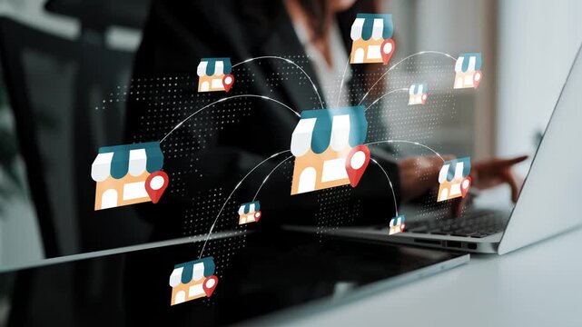 Business owner managing multiple online stores using laptop in modern office environment with shop icons and location markers graphic overlay Gluon.