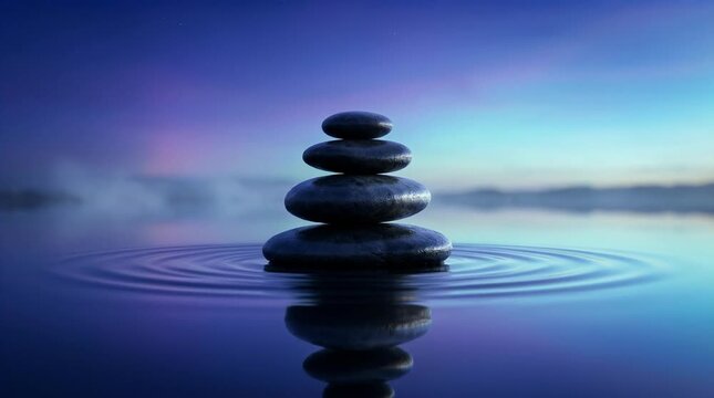 Stack of balanced stones in tranquil water at twilight with ripples and reflection
