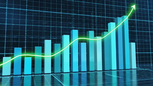 Growing bar chart with arrow on grid business growth visualization
