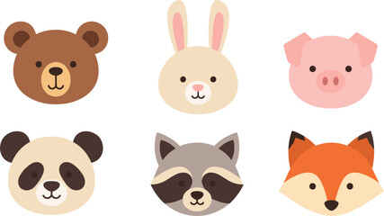 Fototapeta premium Cute Woodland and Farm Animal Face Set Bear Bunny Pig Panda Raccoon Fox Flat Vector Illustration