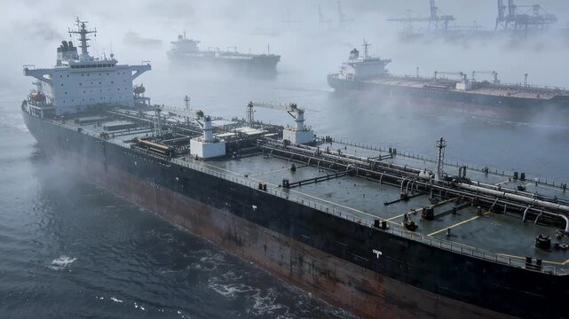 Multiple oil tankers from shadow fleet navigating through thick sea fog near industrial port. High angle tracking shot.
