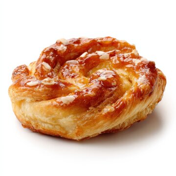 Glazed danish pastry with almonds on white background