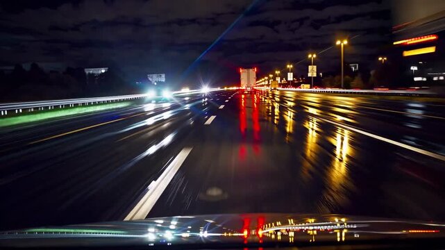 High speed travel on a wet highway at night with bright vehicle light trails reflected across rain soaked pavement creating a dynamic scene of motion transportation energy and urban road movement