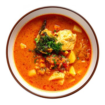 Bowl of Traditional Hungarian Hal&aacute;szl&eacute; (Fisherman's Soup), Rich Paprika-Based Soup with Mixed River Fish, Served Hot, Isolated on White