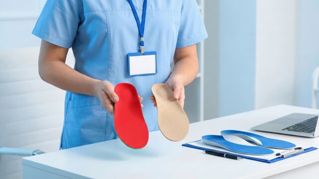 Female orthopedist showing custom shoe insoles for flat feet correction in a medical clinic office.