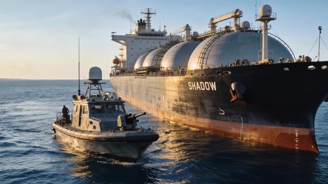 Armed patrol boat escorting shadow fleet oil tanker at sea. Panning shot of maritime security operation.