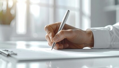 A person's hand writing with a pen on paper document at bright office. Focus on hand and pen, with soft lighting and natural background