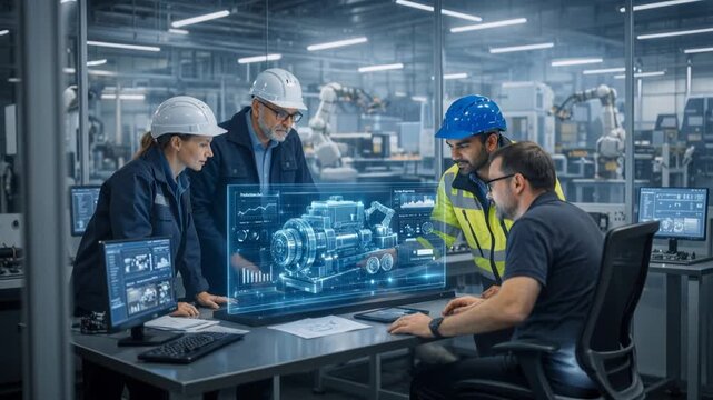 Diverse technical specialists collaborating on engine design using augmented reality. Lockdown shot of engineers examining holographic industrial machinery in high-tech manufacturing facility.