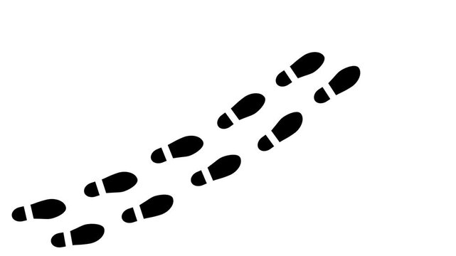 Abstract human shoes footstep walking animation. Black color footprints shoes, shoe prints marks feet animated on white background. 4k video