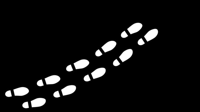 Abstract human shoes footstep walking animation. White color footprints shoes, shoe prints marks feet animated on black background. 4k video