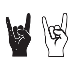 Rock On Hand Horns Gesture Silhouette and Line Art Vector Set