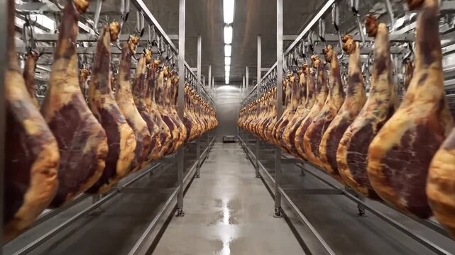 rocess of making high quality ham from natural farm pork meat at the factory. Large batch of jamon is being prepared to be sent to the store