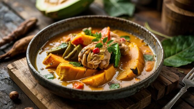 A dish of Grenadian cuisine.
Oil Down, the national dish of Grenada. Breadfruit, cooked in a rich coconut milk sauce.