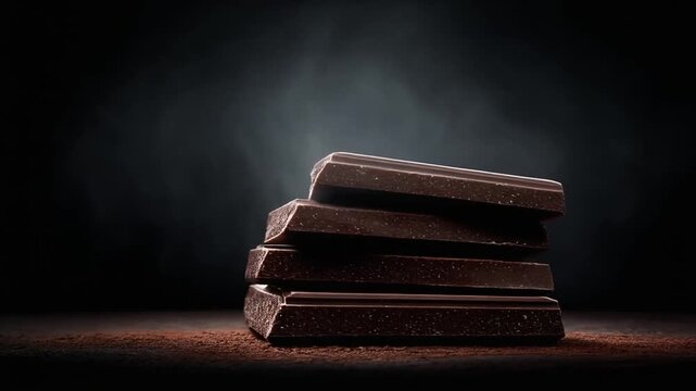 Stacked dark chocolate bars with a cocoa dusting in front of a dark, smoky backdrop