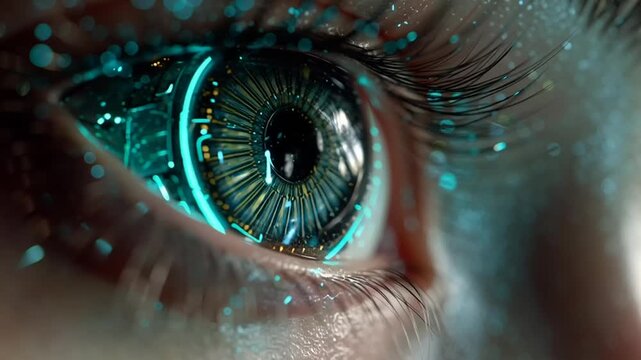 A close-up video of a futuristic human eye with a digital circuit board design and blue lights, showcasing a blend of technology and humanity.