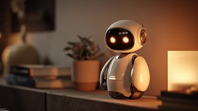 A small robot stands on a shelf in a cozy room with a lamp and books in the background, captured in a warm and inviting video.