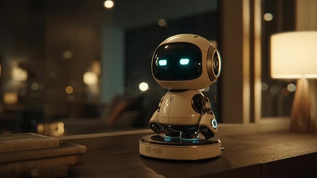 A small robot toy sits on a table in a dimly lit room with a lamp in the background, captured in a video