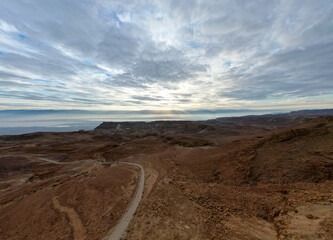 Masada, ruins of a mountain-top fortress in the Judaean Desert, western shore of the Dead Sea in the background, Southeastern Israel world heritage site