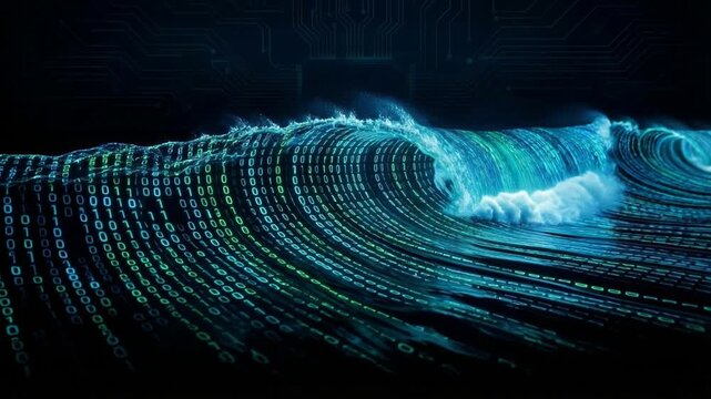 Seamless loop of glowing binary code waves over circuit board. Data surge flowing across dark electronic background.