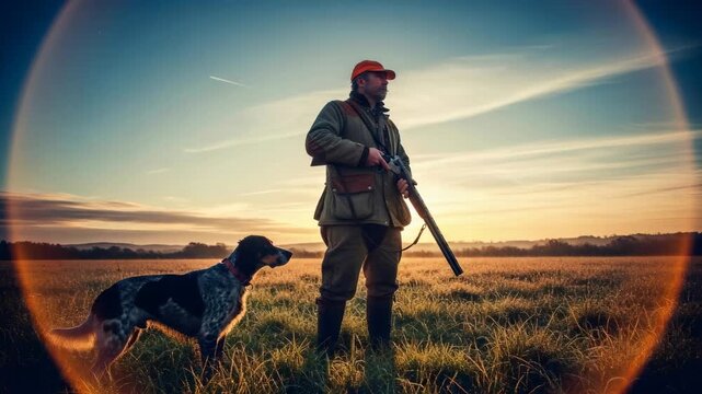Hunter man and his dog in golden field. Hunting season with shotgun in nature at sunset. Outdoor sport and animal pursuit concept.