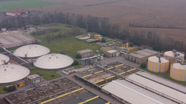 Aerial view of wastewater treatment plant and biogas production facility