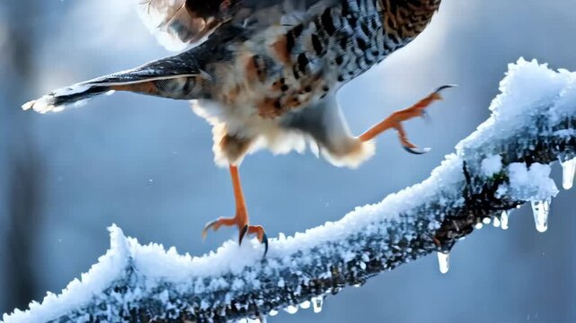 Hazel grouse bird taking flight in winter forest. Close up detailed animal motion in nature. Wildlife natural habitat.
