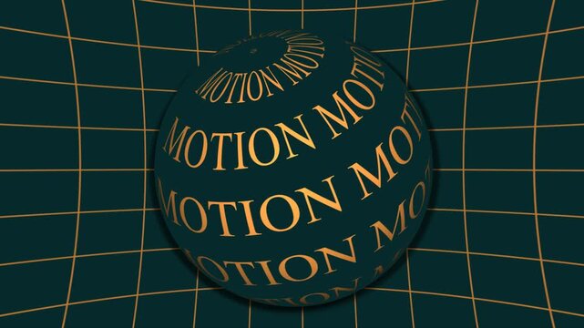 Abstract sphere with repeating text 'MOTION' over a grid pattern on a dark teal background, creating a sense of depth and movement