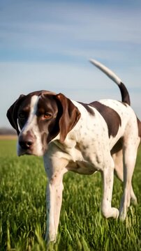 A bracco italiano dog running on hunting ground. Active pet in tall green grass, training for scent detection. Vertical video