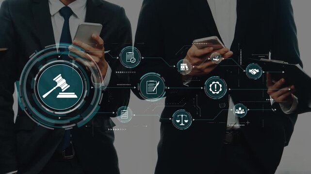 A diverse team of lawyers engages with smartphones and digital tools in a modern office setting, showcasing the integration of technology in legal practices and services. Raster