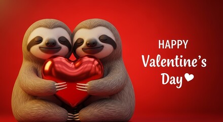 Fototapeta premium Sloth couple holding red heart Valentine's Day gift romantic love celebration cute animals red background happy holiday