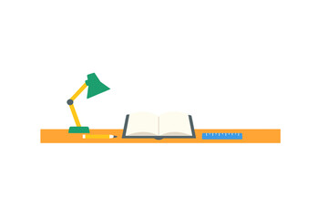 Desk with an open book, a pencil, a ruler, and a desk lamp at study space in a home or office during daytime hours