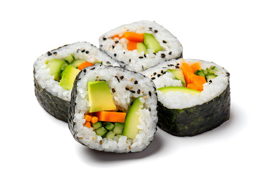 Vegetable sushi rolls served on a white background with bright colors and vibrant ingredients ready to eat