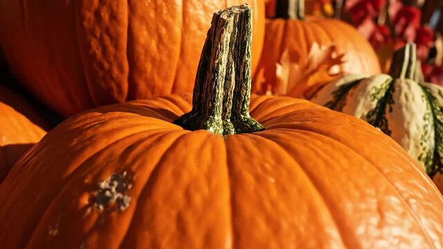 Close-up of a pile of pumpkins and gourds, autumn harvest, fall season decoration
