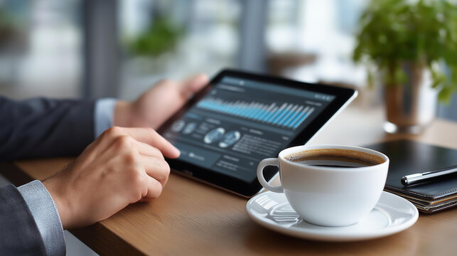 Banner shot high-end office desk, tablet displaying real-time analytics, defocused background, cup of black coffee and leather planner, productivity refocus concept, professional