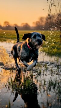 Dog splashes water on hunting grounds. Happy irish wolfhound puppy running outdoors. Excited hunter dog plays on marsh at sunset. Vertical video