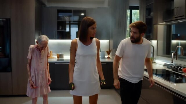 A tense family argument unfolds in a contemporary kitchen setting, with a woman expressing anger towards a man and an older woman