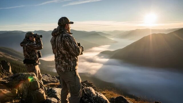 Two men hunting mountain prey with binoculars, observing a morning landscape with fog and sunrise for hunting ground scouting.